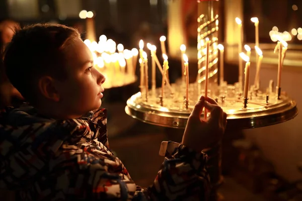 Portrait Child Candle Russian Orthodox Church — Stock Photo, Image