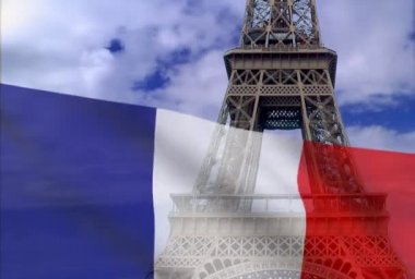 Fransız bayrağı Eyfel Kulesi'ne bir arka plan üzerinde.