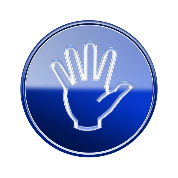 Dłoń ikony błyszczący niebieski, na białym tle. — Zdjęcie stockowe