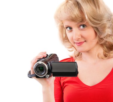 Close-Up ev video kamera tutan bir kadın