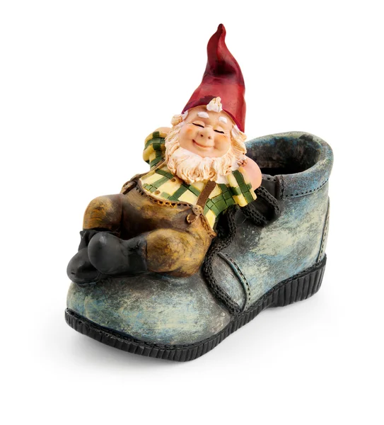 Gnome sitting on a boot isolated with clipping path — Stock Photo, Image