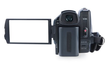 Beyaz arka plan üzerinde izole açık lcd ekran ile video kamera. s