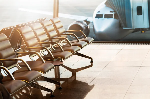 Seats, view from airport hall. Boarding. — Stock Photo, Image