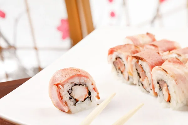 Sushi with shrimp and bacon — Stock Photo, Image
