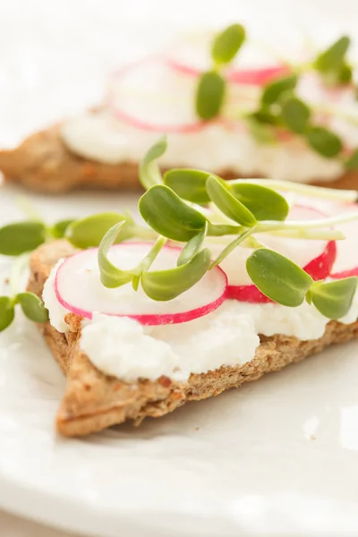 Sandwiches with radish and sunflower sprouts — Stock Photo, Image