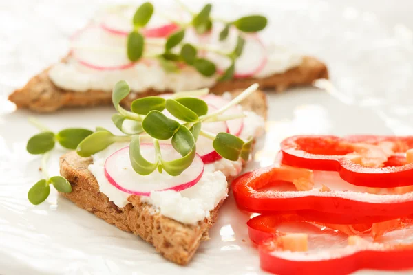 Sandwiches with radish and sunflower sprouts — Stock Photo, Image