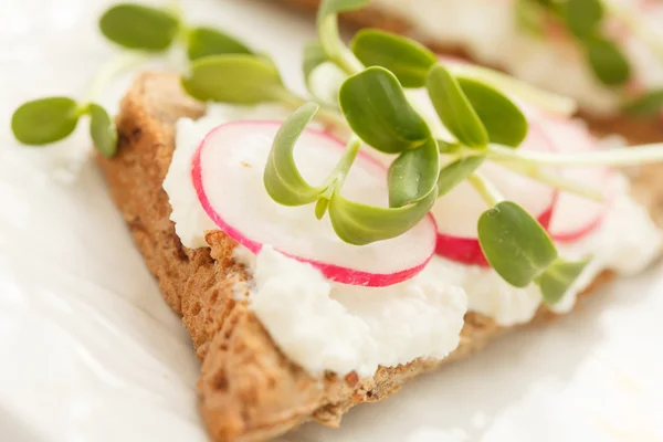 Sandwiches with radish and sunflower sprouts — Stock Photo, Image