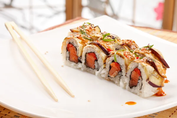 Sushi with eggplant and salmon — Stock Photo, Image
