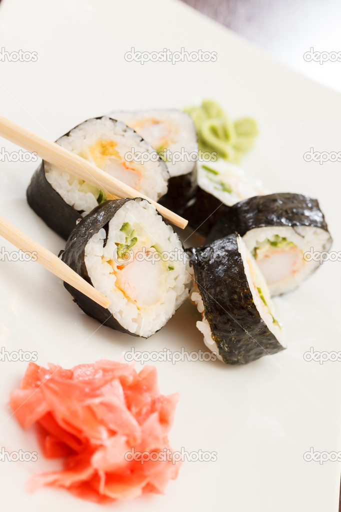 Sushi with chopsticks