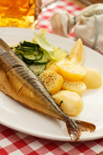 Mackerel with potatoes and beer — Stock Photo, Image