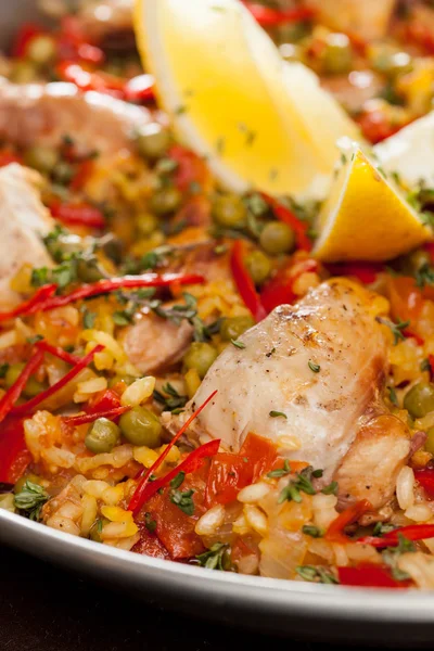 Paella with rabbit in a pan — Stock Photo, Image