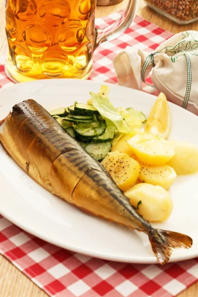 : Mackerel with potatoes and beer — Stock Photo, Image