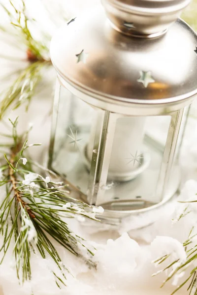 Christmas table decoration with candle — Stock Photo, Image