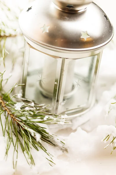Christmas table decoration with candle — Stock Photo, Image