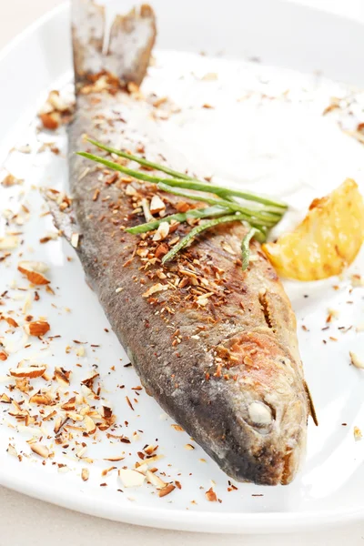 Forellenfisch mit Nüssen gebacken — Stockfoto