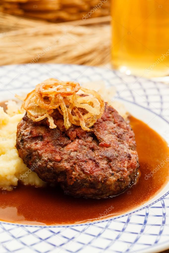 Beef cutlet with mashed potatoes and cabbage
