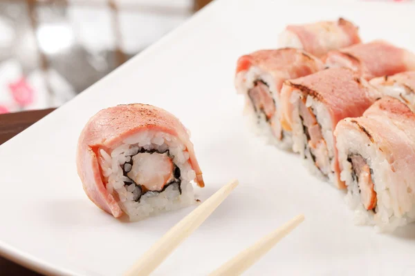 Sushi with shrimp and bacon — Stock Photo, Image