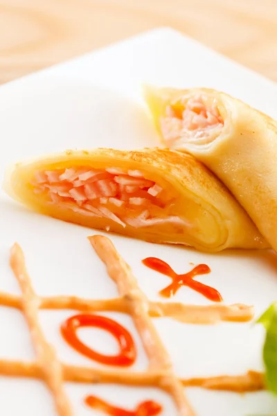 Pancakes with meat for kids menu — Stock Image Pancakes with meat for kids menu Royalty Free Stock Photos