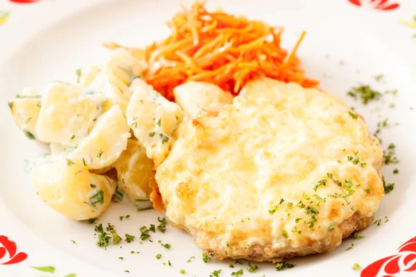 Schnitzel med potatis och sallad — Stockfoto