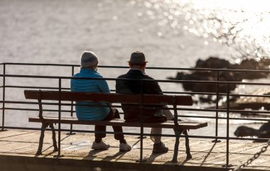 Senior couple on the bench near lake in park clipart