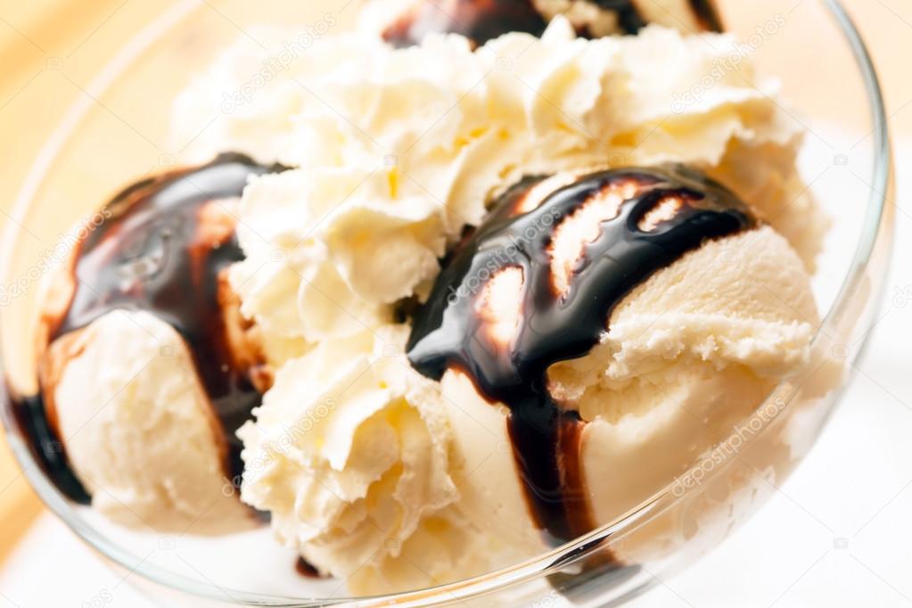 Ice cream with chocolate syrup