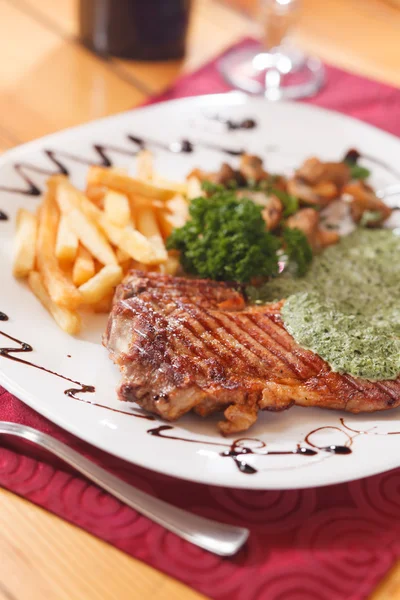 Grilled steak with french fries — Stock Photo, Image