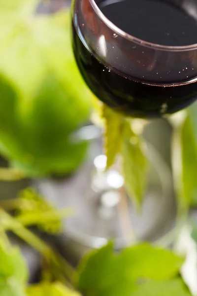 Vino Rosso in Bicchiere con Foglie d'Uva — Foto Stock