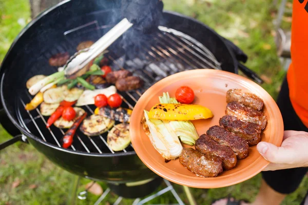 Grilled kebab and vegetables — Stock Photo, Image