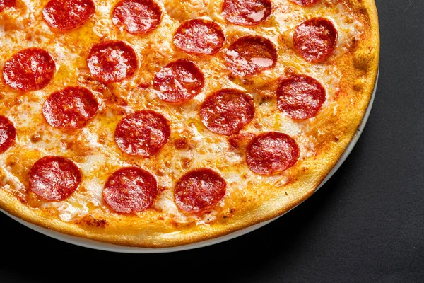 Tasty Pepperoni Tomatoes Black Background — Stock Photo, Image