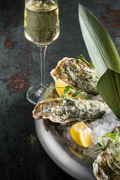 Oesters Geserveerd Stenen Plaat Met Ijs Drift — Stockfoto