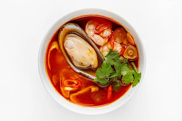 Bouillabaisse Traditionele Franse Vissoep Bovenste Weergave Witte Achtergrond — Stockfoto