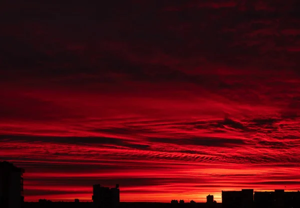 Stad Soluppgång Närbild Röd Himmel — Stockfoto