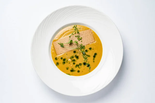 Cream Soup Pesto Whtie Plate — Stok fotoğraf