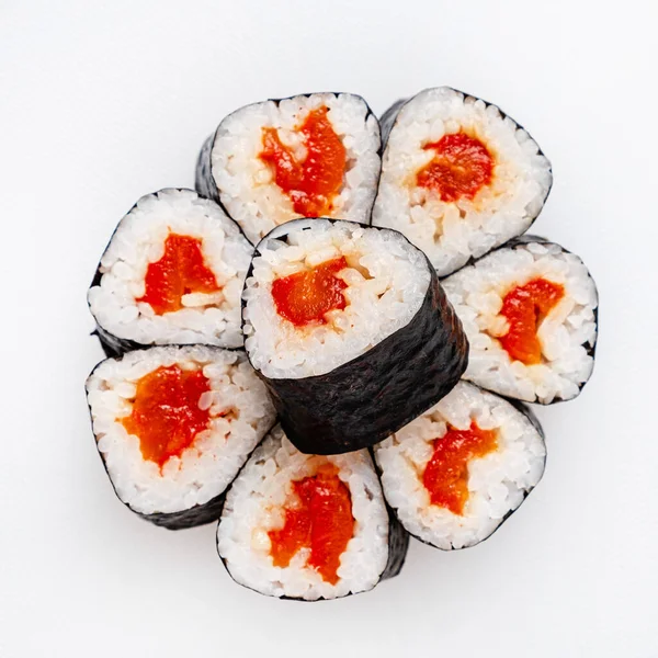 Vegan Sushi White Background Top View — Stok fotoğraf