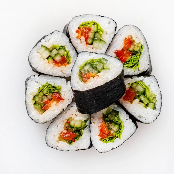 Vegan Sushi White Background Top View — Zdjęcie stockowe