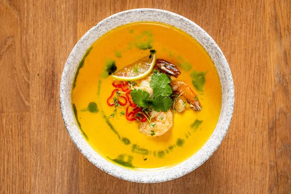 Pumpkin Cream Soup Shrimps — Stock Photo, Image