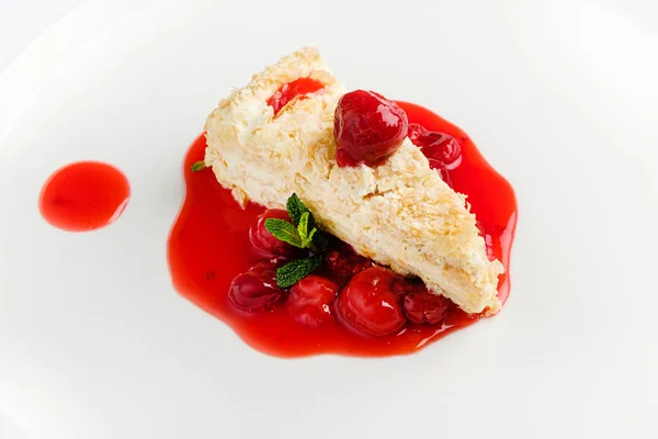 Napoleon Cake Cherry Sauce Mint — Stock Photo, Image