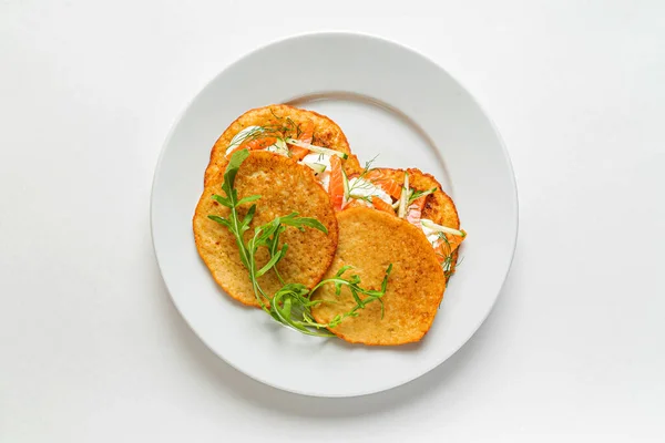 Potato Pancakes Salmon Cream Cheese — Stock Photo, Image