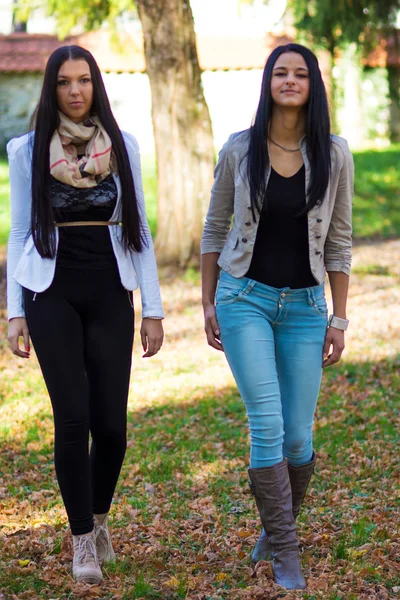 Två glada, vackra tjejer som går i parken på en sommardag — Stock fotografie