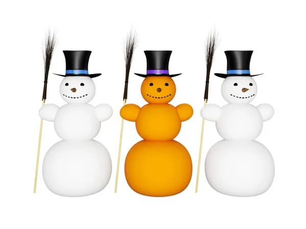 Snowmans with broom and hat — Stock Photo, Image