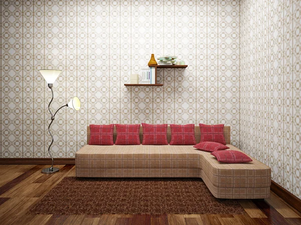 Sofa z czerwone poduszki — Zdjęcie stockowe
