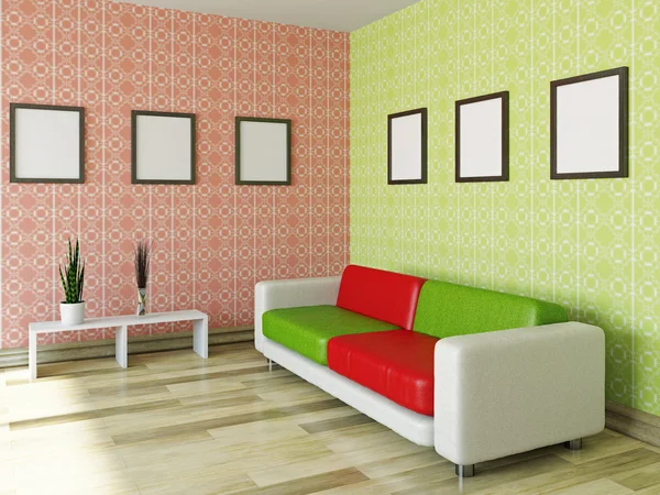 Sofa with red and green pillows — Stock Photo, Image