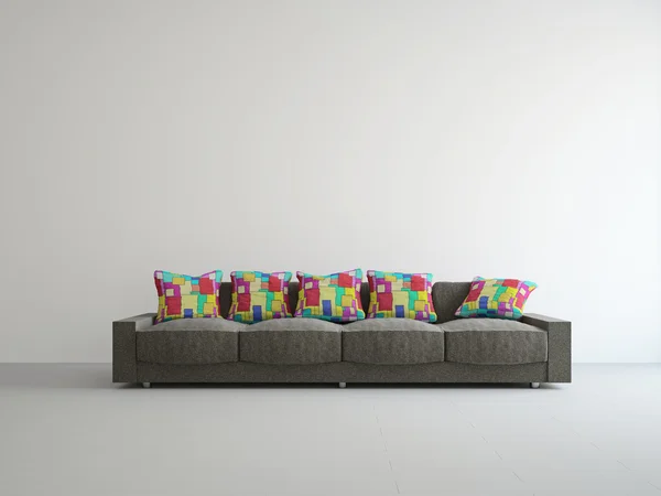 Brown sofa with colorful cushions — Stock Photo, Image