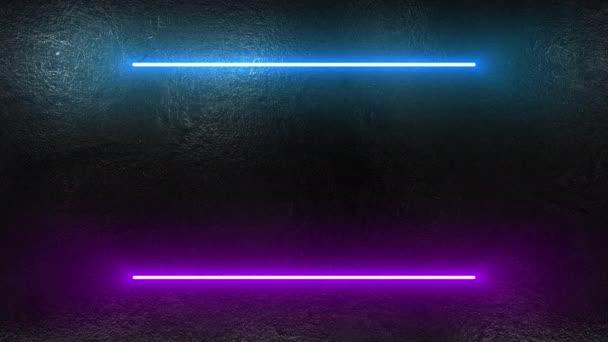 Dos Brillantes Líneas Neón Intermitentes Azul Púrpura Vieja Pared Hormigón — Vídeos de Stock