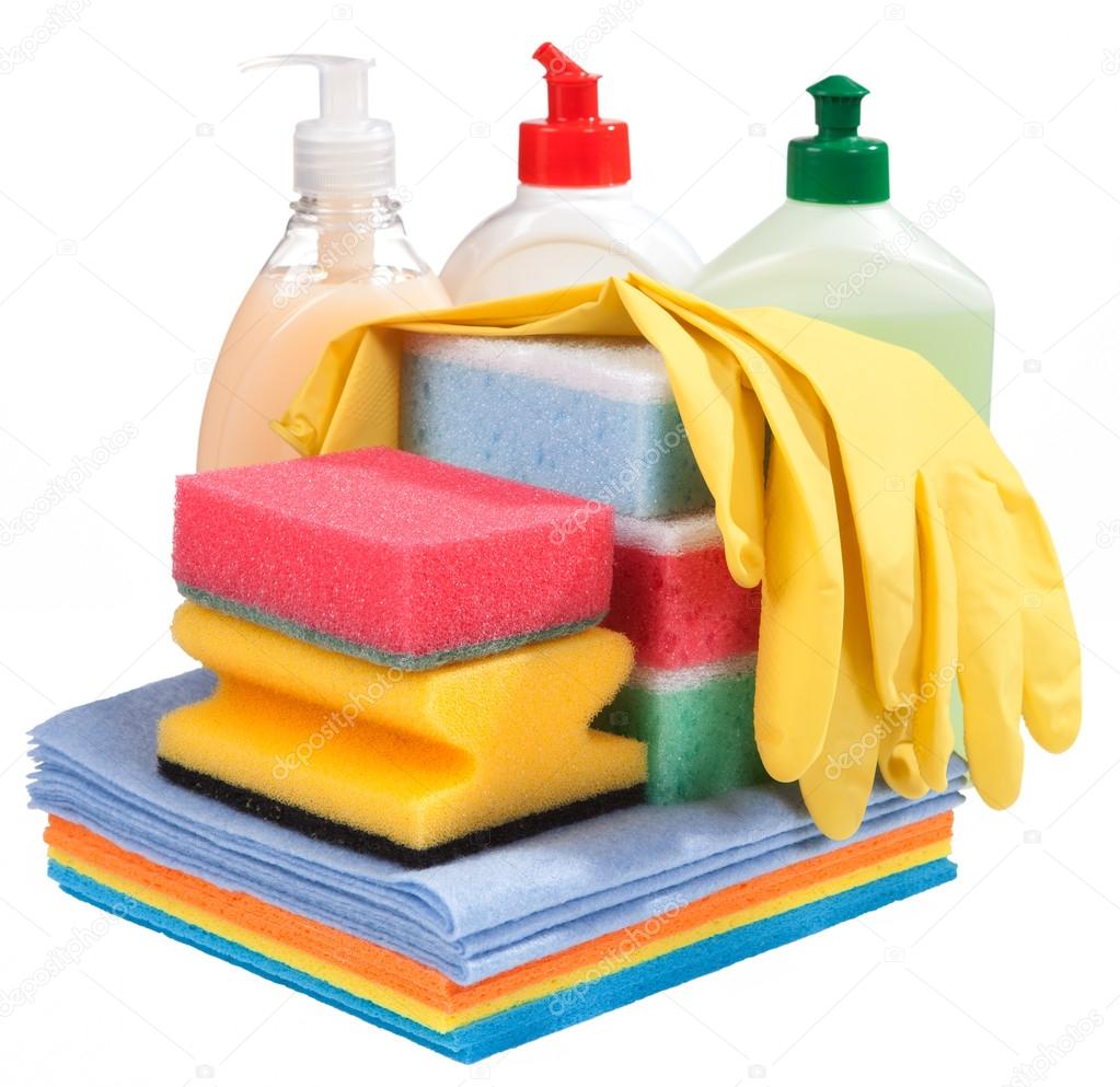 Sponges, bottles of chemistry and gloves