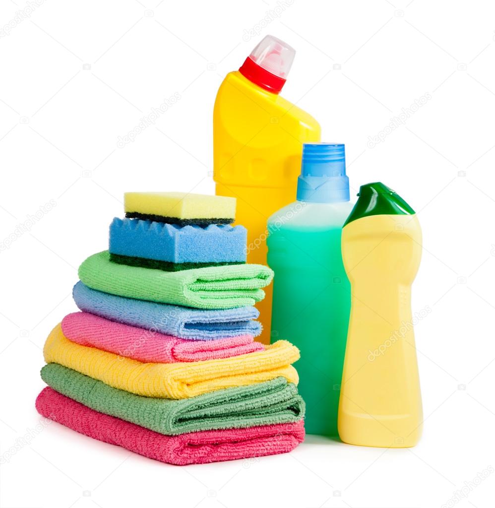 Bottles of chemicals, sponges for washing dishes and napkins for