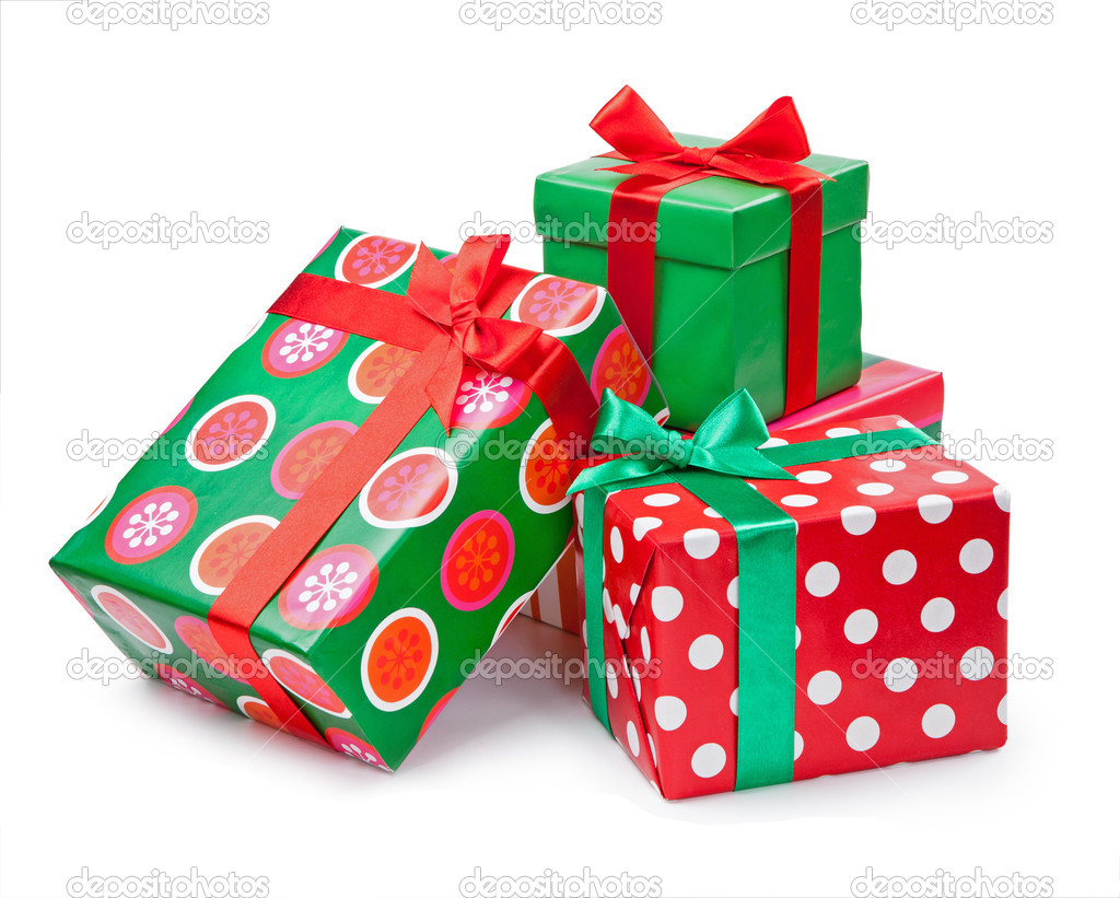 Boxes with gifts tied with red ribbon and bows isolated on white