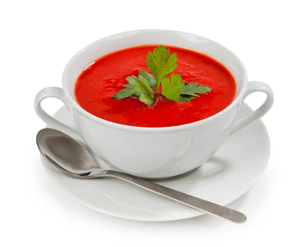 Tasty and healthy tomato soup isolated on white background — Stock Photo, Image
