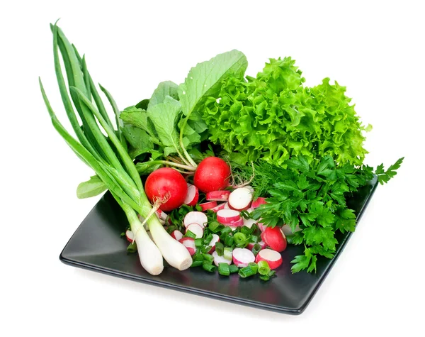 Fresh herbs - onions, radishes, lettuce and parsley on a plate i — Stock Photo, Image