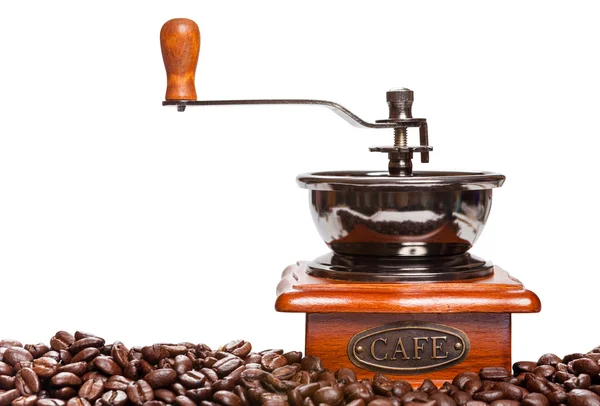 コーヒー グラインダーと白い背景で隔離のコーヒー豆 — ストック写真